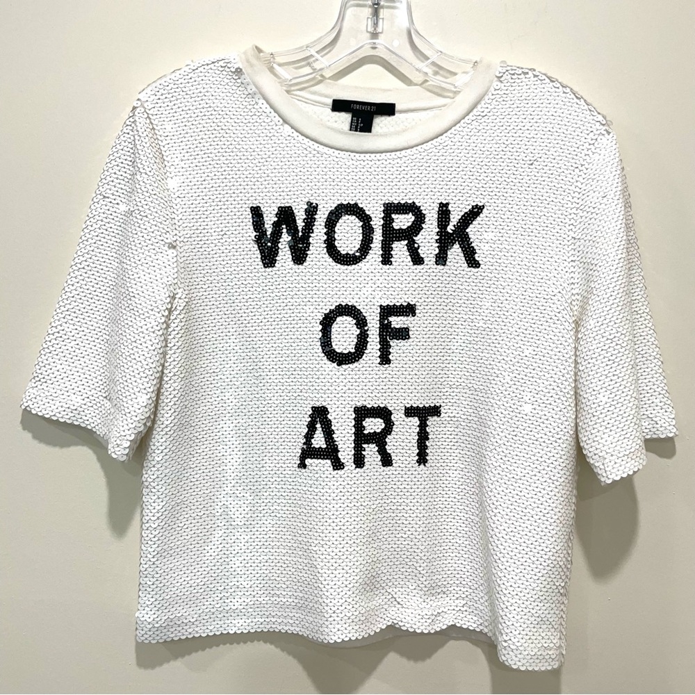 Forever 21 Sequin Sparkle Club Party White Top Shirt Art to wear size Small